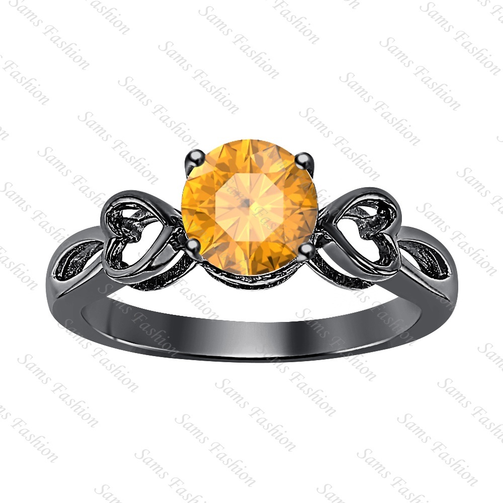 Round Citrine 14k Black Gold Over 925 Silver Double Heart Ring Women's