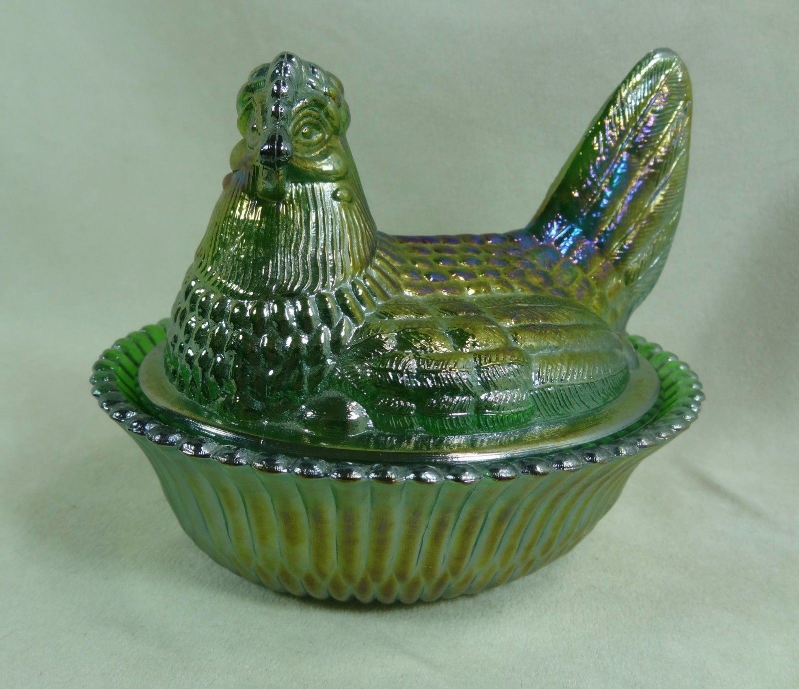 Boyd 5" Hen On Ribbed Nest Lime Carnival Glass Chicken Candy Dish 4/23 ...