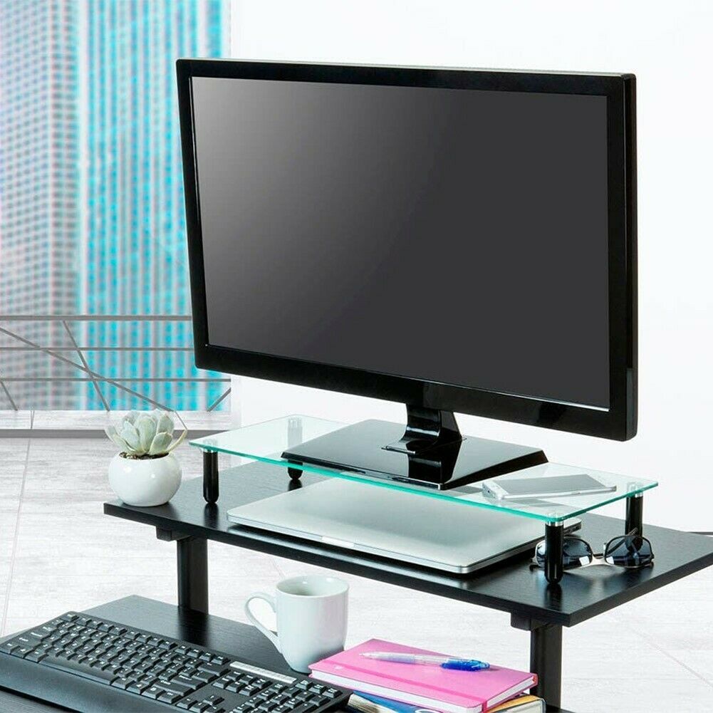 Monitor Riser Glass Shelf Desktop Desk Stand For TV Multimedia Display