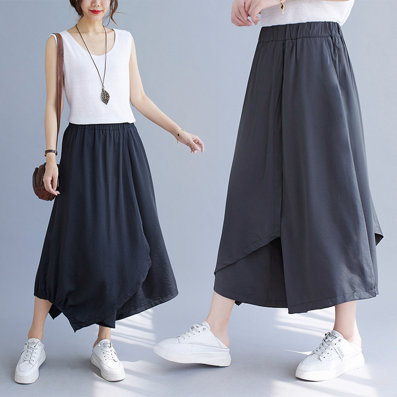 Summer new Korean version of solid color loose asymmetric design cropped wide-le