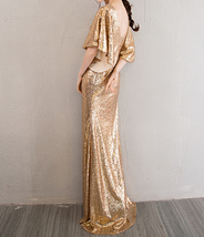 Sexy Golden Bat Sleeve Maxi Long Sequin Dress Plus Size Sequined Cocktail Dress image 5