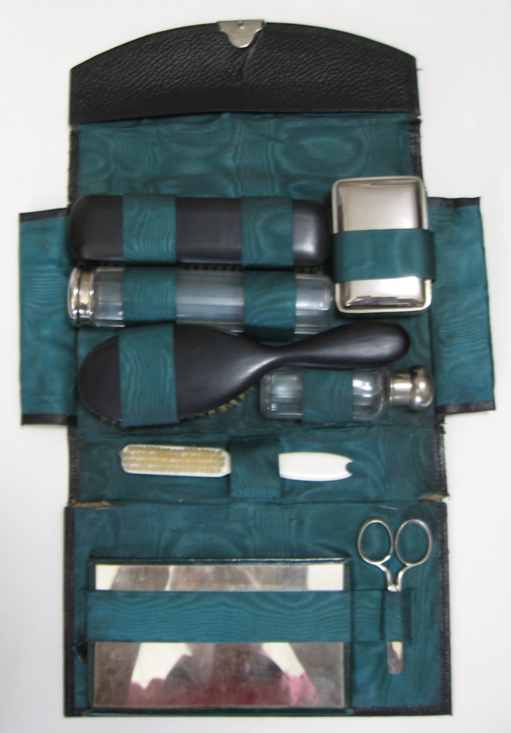 Edwardian Vanity Case Bone Ebony Chrome Tops Glass Jars 9 Piece Set