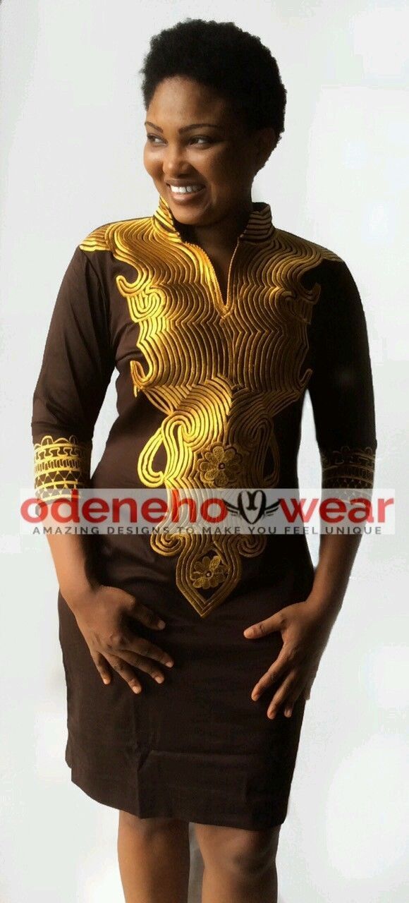 Odeneho Wear Cream Polished Cotton Dress/Brown  Embroidery.African Clothing. 