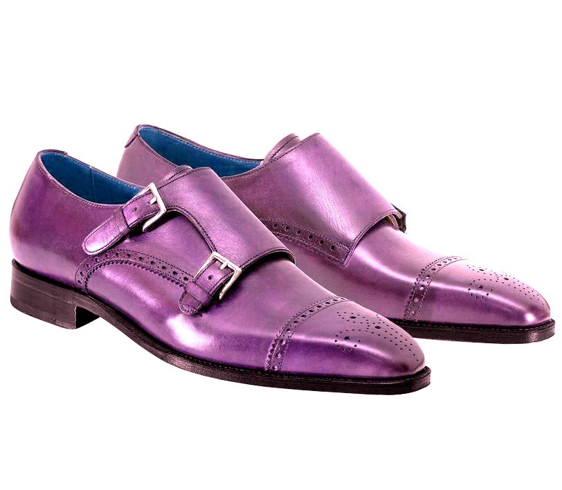 Men's Purple Monk Double Buckle Brogue Cap Toe Handcrafted Genuine Leather Shoes