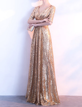 Women Long Sequin Dress Outfit Half Sleeve Wedding Gold Sequin Dress Plus Size image 3