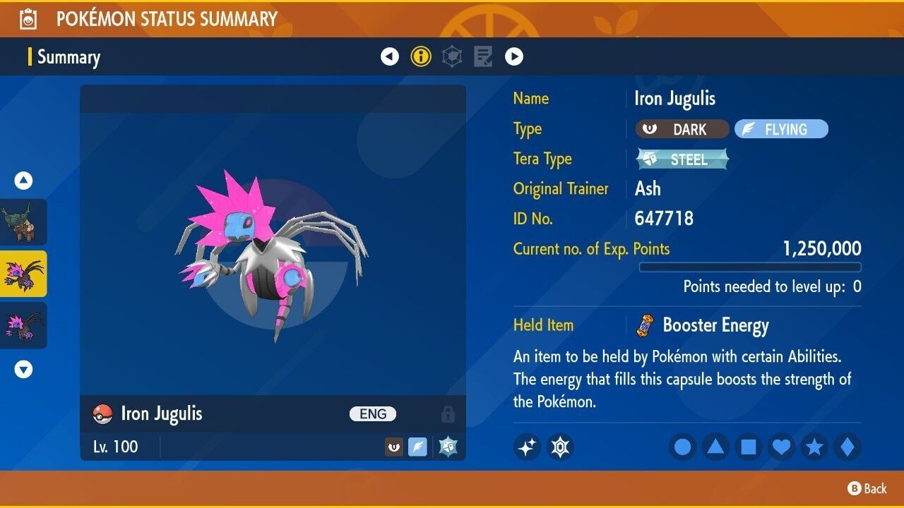 Shiny Iron Jugulis 6IVs Tera Type Steel Pokémon Scarlet and Violet