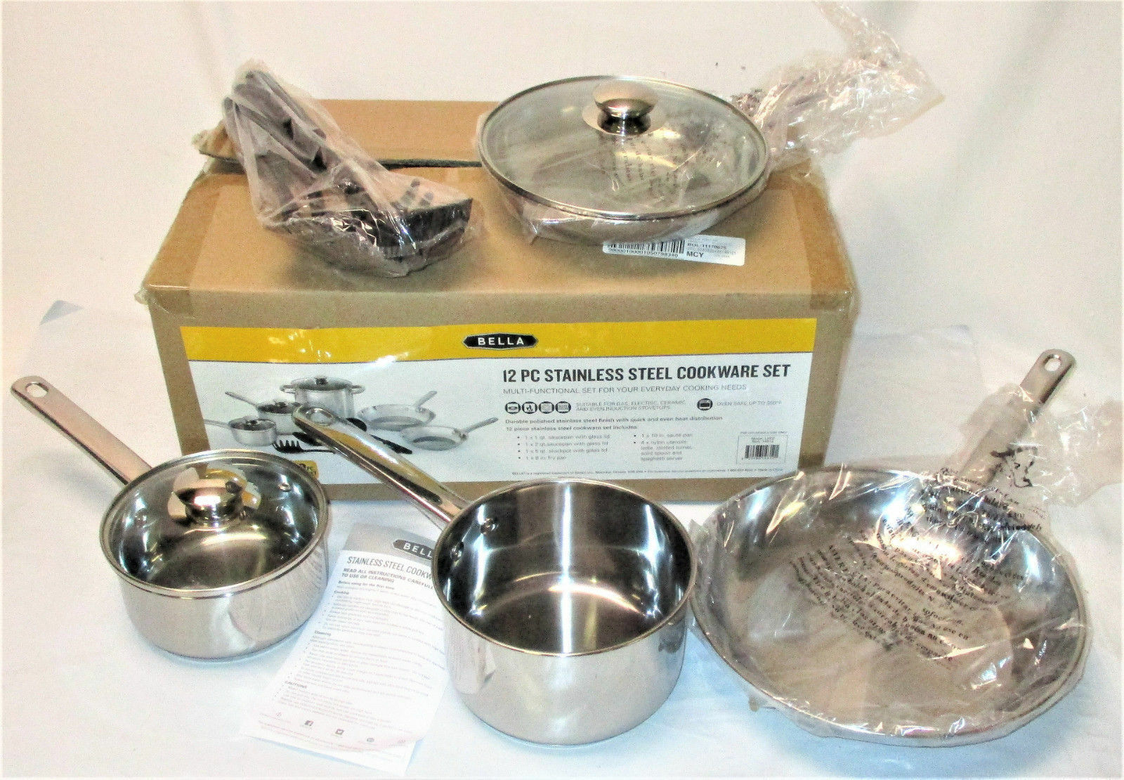 Bella 12 Pc Stainless Steel Cookware Set Oven Safe Pans Lids Utensils New In Box Kitchen