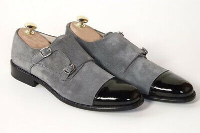 Two Tone Monks Black Gray Suede Leather Premium Quality Handcrafted Men's Shoes