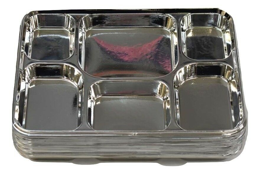 6 Compartments Silver Disposable Party Tray Thali Langar Plates 400