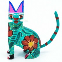 Handmade Alebrijes Oaxacan Wood Carved Painted Folk Art Sitting Cat Figurine