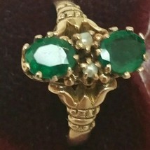 12K Gold Antique Victorian Genuine Emeralds &amp; Pearl Ring, 1800s - £1,568.32 GBP