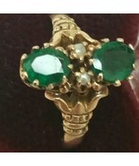 12K Gold Antique Victorian Genuine Emeralds &amp; Pearl Ring, 1800s - £1,523.12 GBP