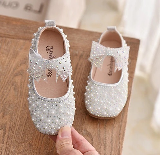 New silver elegant beaded shoes for girls sandals with front bow and pearls