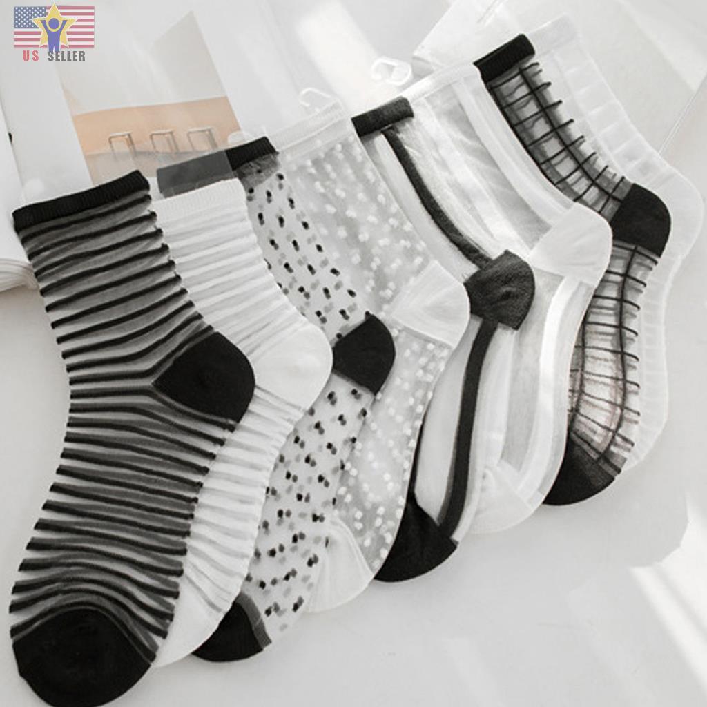 Women Sheer Transparent Silk Elastic Mesh Ankle Stripe Dot Multi Socks One Size