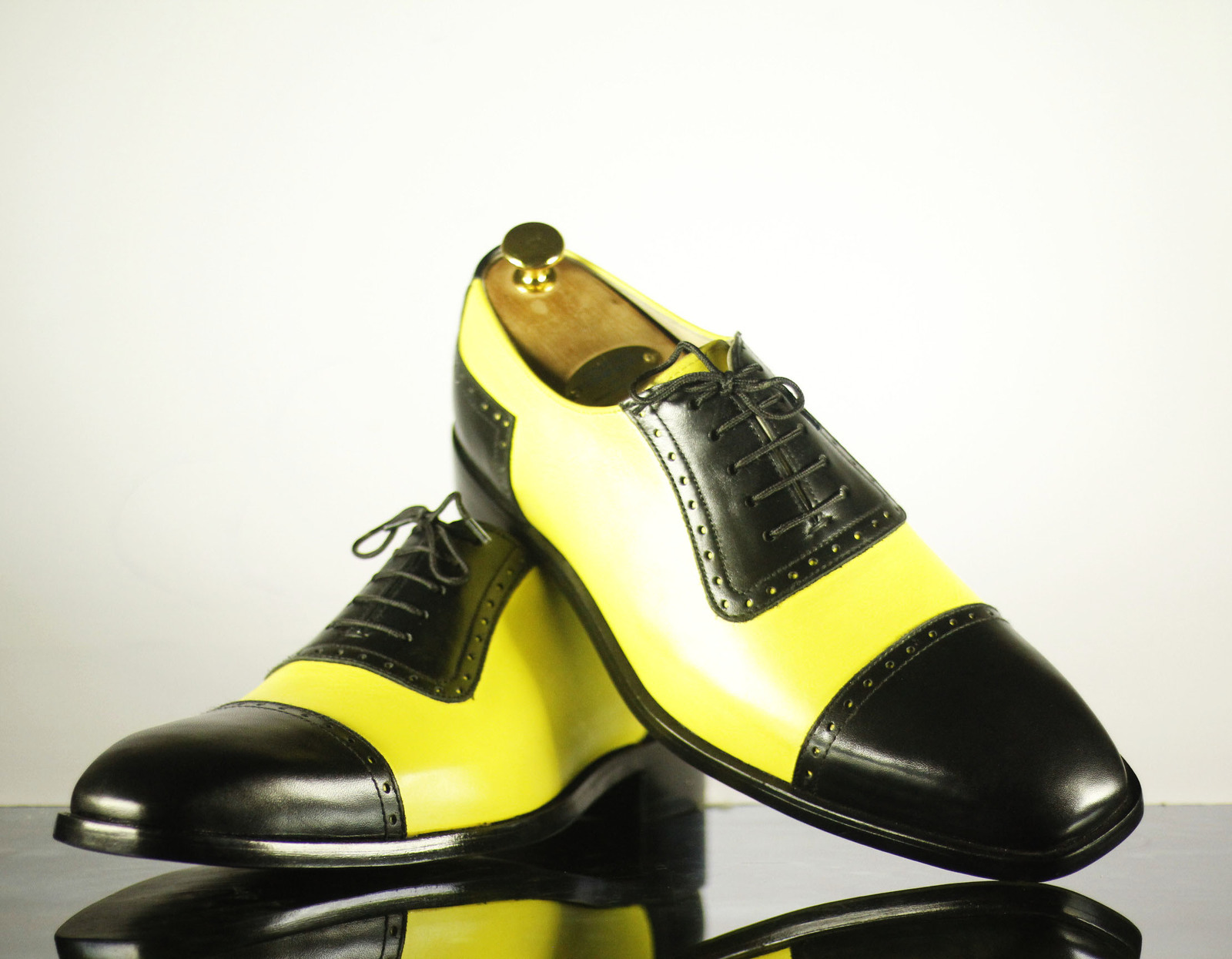 Handmade Men Black Yellow Cap Toe Leather Dress Shoes, Men Designer 