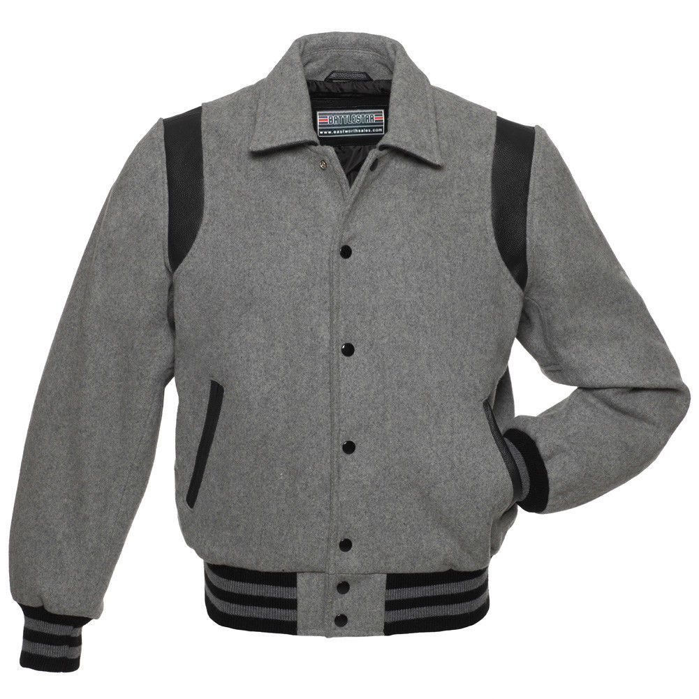 GREY Wool Shirt/ Byron collar Varsity Letterman BOMBER BASEBALL Jacket