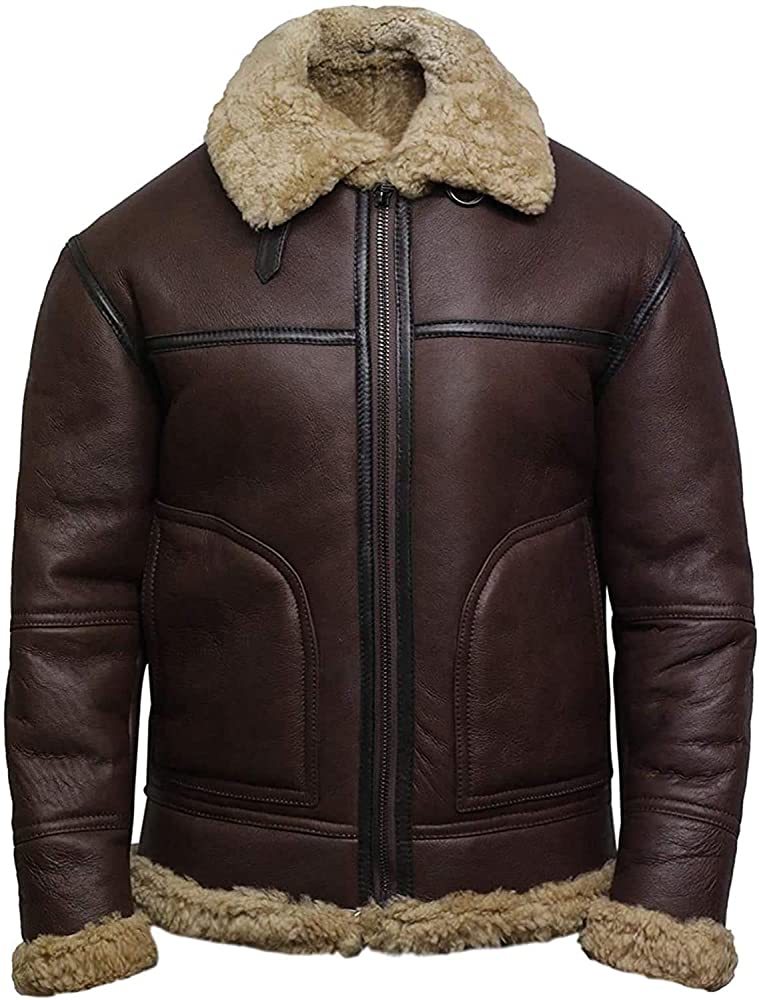 Men's Shearling Real Sheepskin B3 Raf Flight Brown Winter Leather 