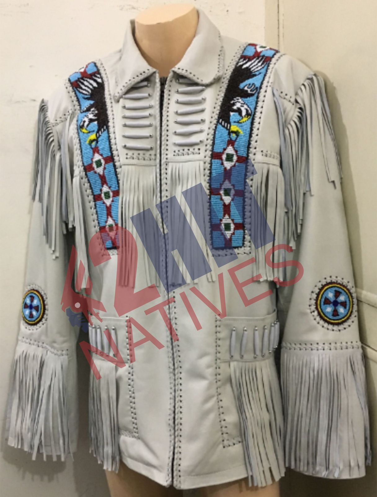 NEW MENS NATIVE AMERICAN BEIGE BUCKSKIN POWWOW REGALIA BEADED FRINGE