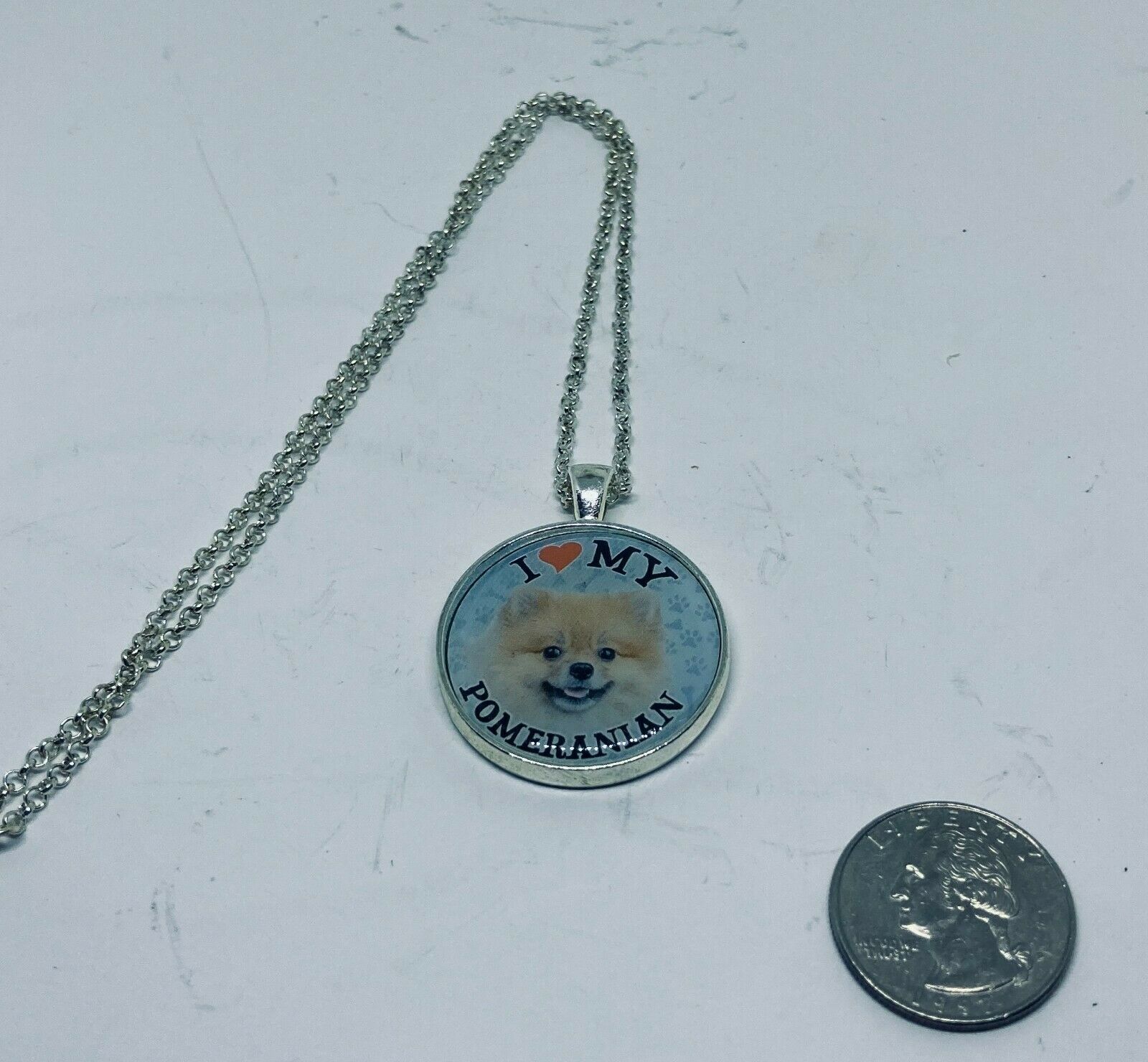 I Love My Pomeranian 18 Shiny Silver Rolo Loop Necklace With Antique Bezel