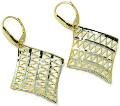 18K YELLOW WHITE GOLD PENDANT EARRINGS ONDULATE WORKED SQUARE, SHINY, STRIPED image 2