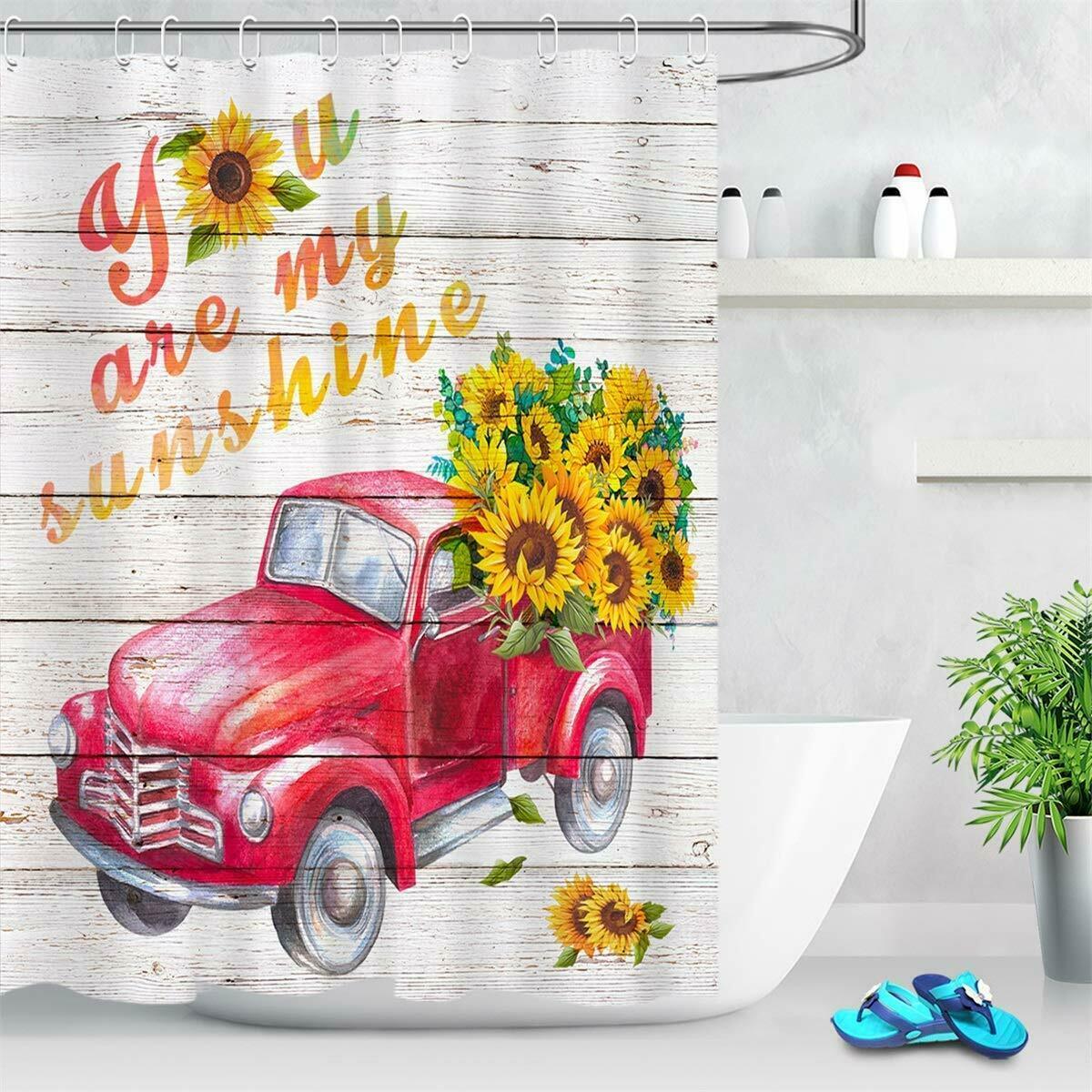 Red Truck Sunflower Wood Rustic Farmhouse Waterproof Fabric Shower