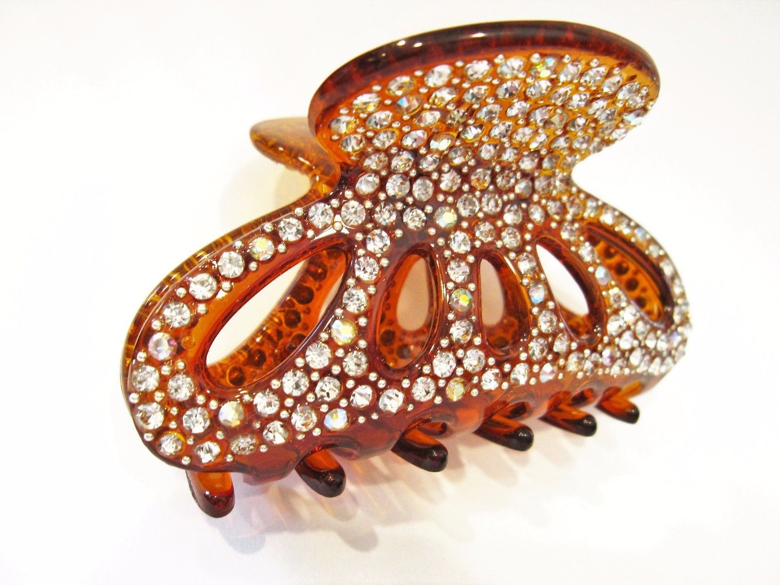 Brown hair claw clamp clip for fine, thin hair with rhinestones