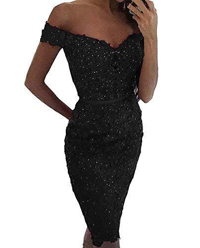 Off The Shoulder Short Beaded Lace Sheer Prom Dress with Sash Black US 10