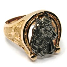 SOLID 18K ROSE BLACK GOLD BAND MAN RING HORSE HEAD HERD HORSESHOE, FINELY WORKED image 2
