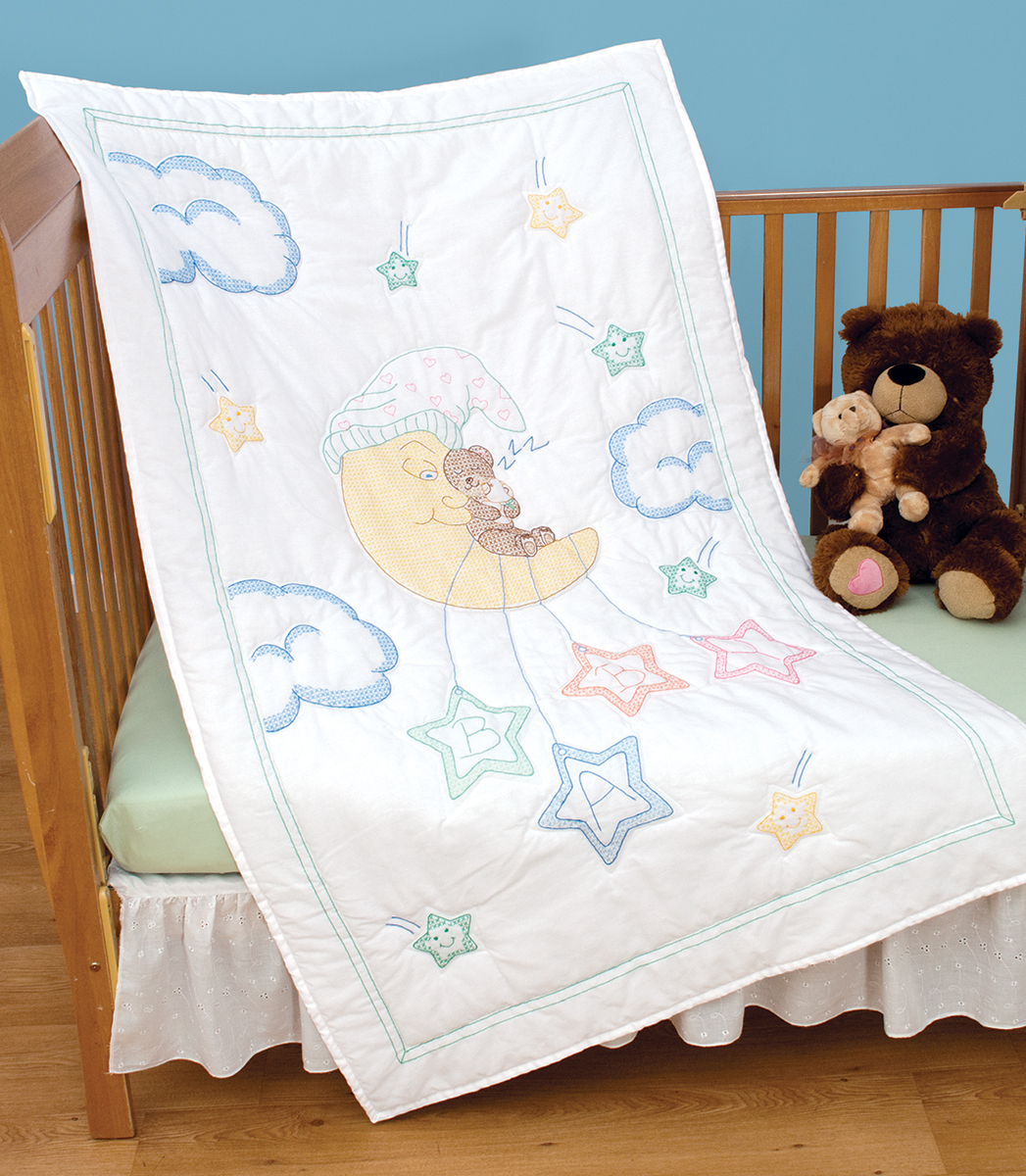 Jack Dempsey Stamped White Quilt Crib Top 40"X60"Bear On The Moon