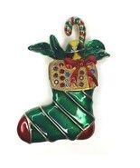 Christmas Stocking Brooch Pin Enamel Rhinestone Green Red Gold Holiday V... - $29.99