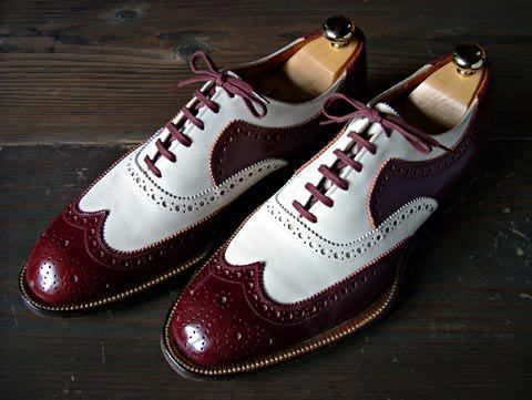 Handmade Men Two Tone Maroon White Spectator Wing Tip Brogues Toe Premium Shoes