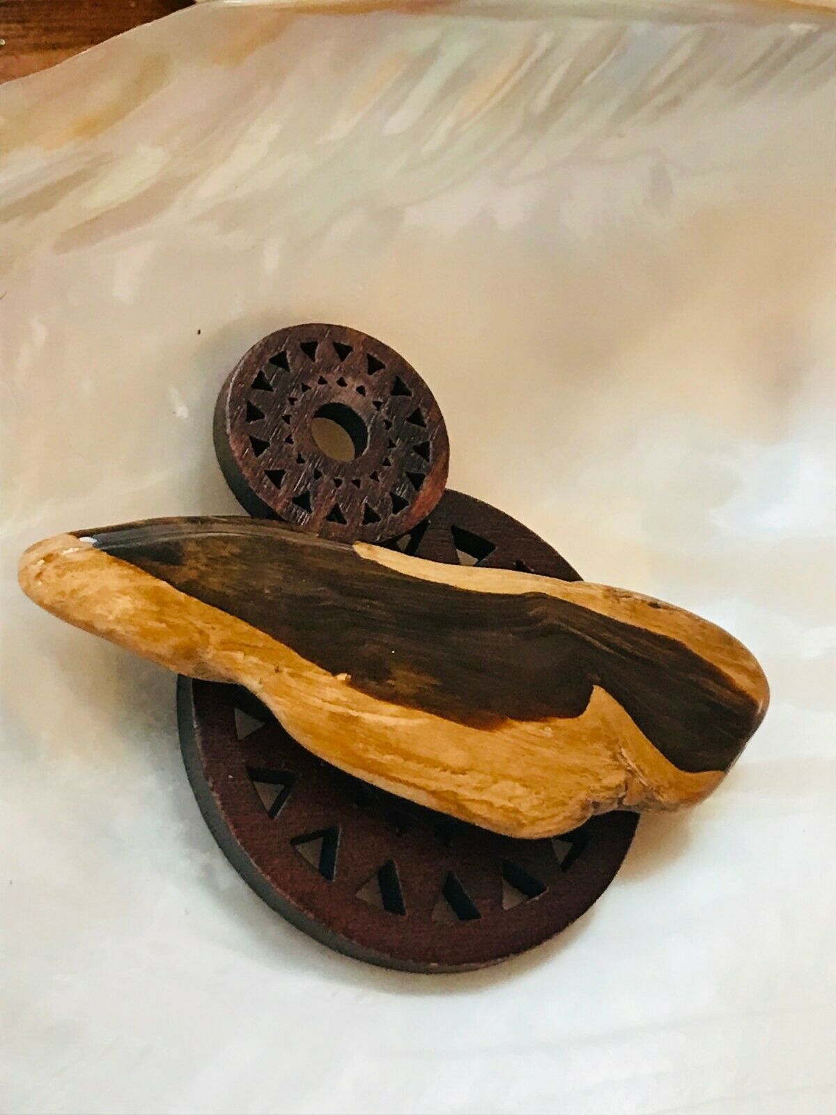 Estate Large Carved Round Wood Medallion with Overlaid Dark & Light