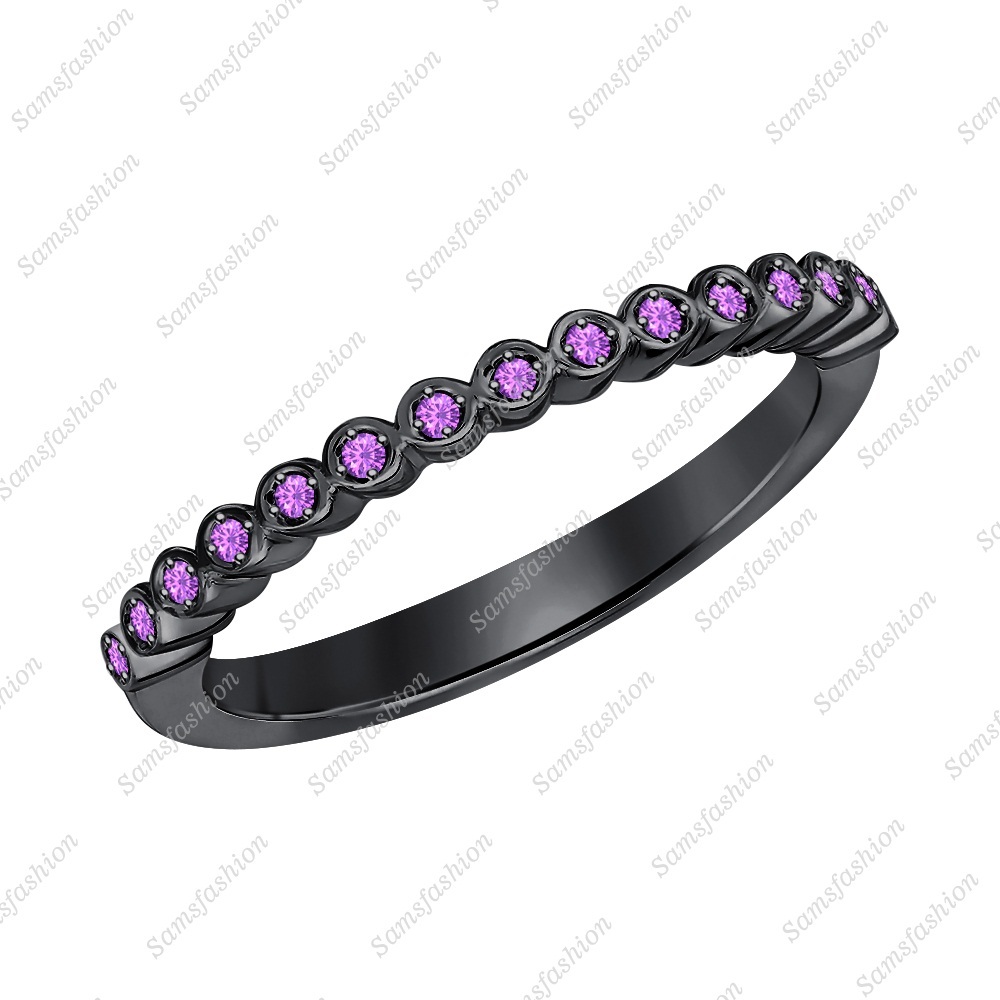 Round Amethyst 14k Black Gold Over Stackable Half-Eternity Wedding Band Ring