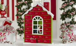 Red Christmas House Countdown Calendar 24 Fillable Cupboards Wooden 16" High image 2