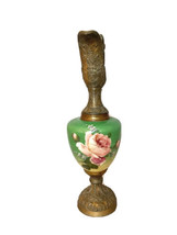 Urn Ewer Antique Victorian 16" Cherub Vase Pitcher Bronze Green Porcelain Rose - $88.11