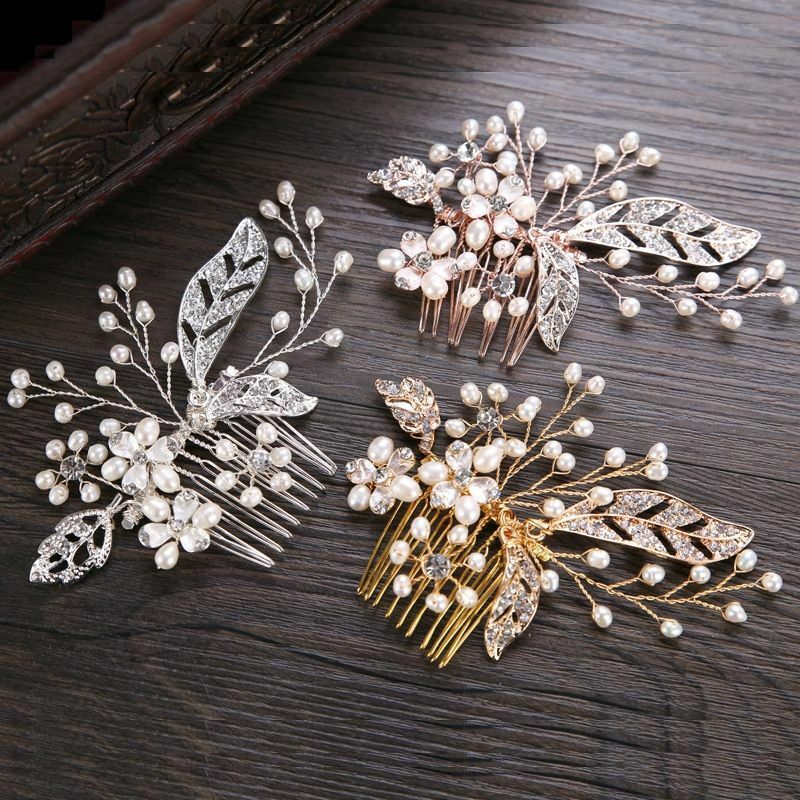 Handmade Crystal Pearl Copper Metal Flower Leaf Hair Comb Women Accessories Type