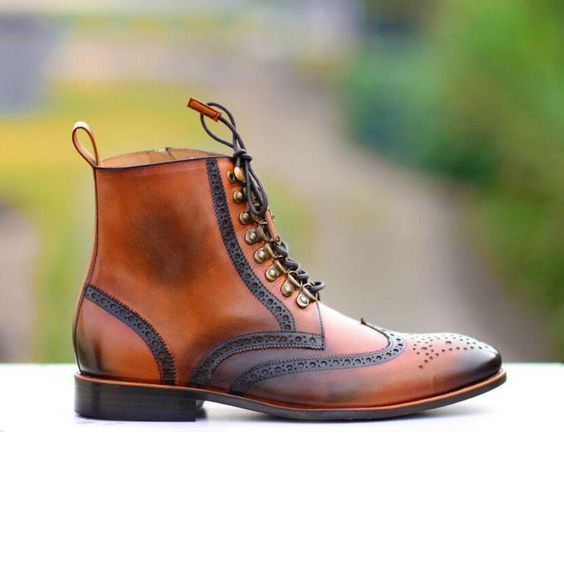 NEW Handmade Men's Brown Real Leather boot, Men's lace up Wingtip Ankle High boo