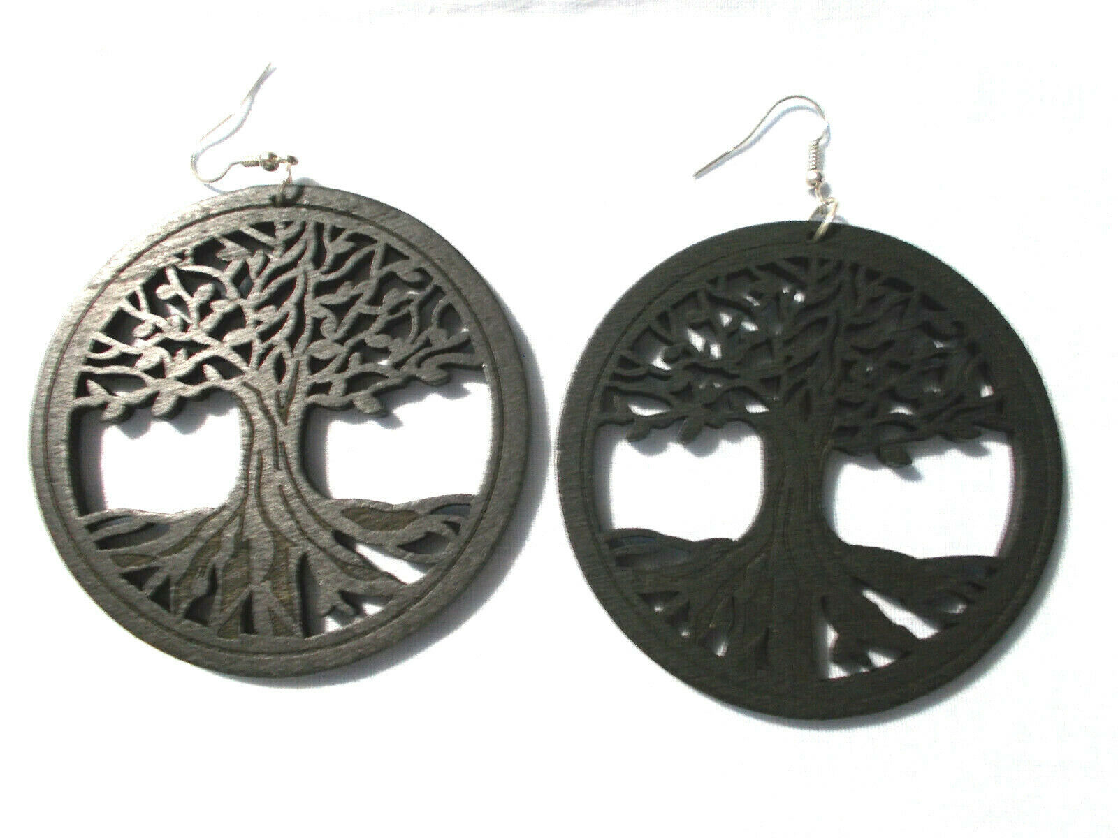 BLACK Wood TREE OF LIFE Cut Out XL Rounds 3 Long Pair of Earrings Element