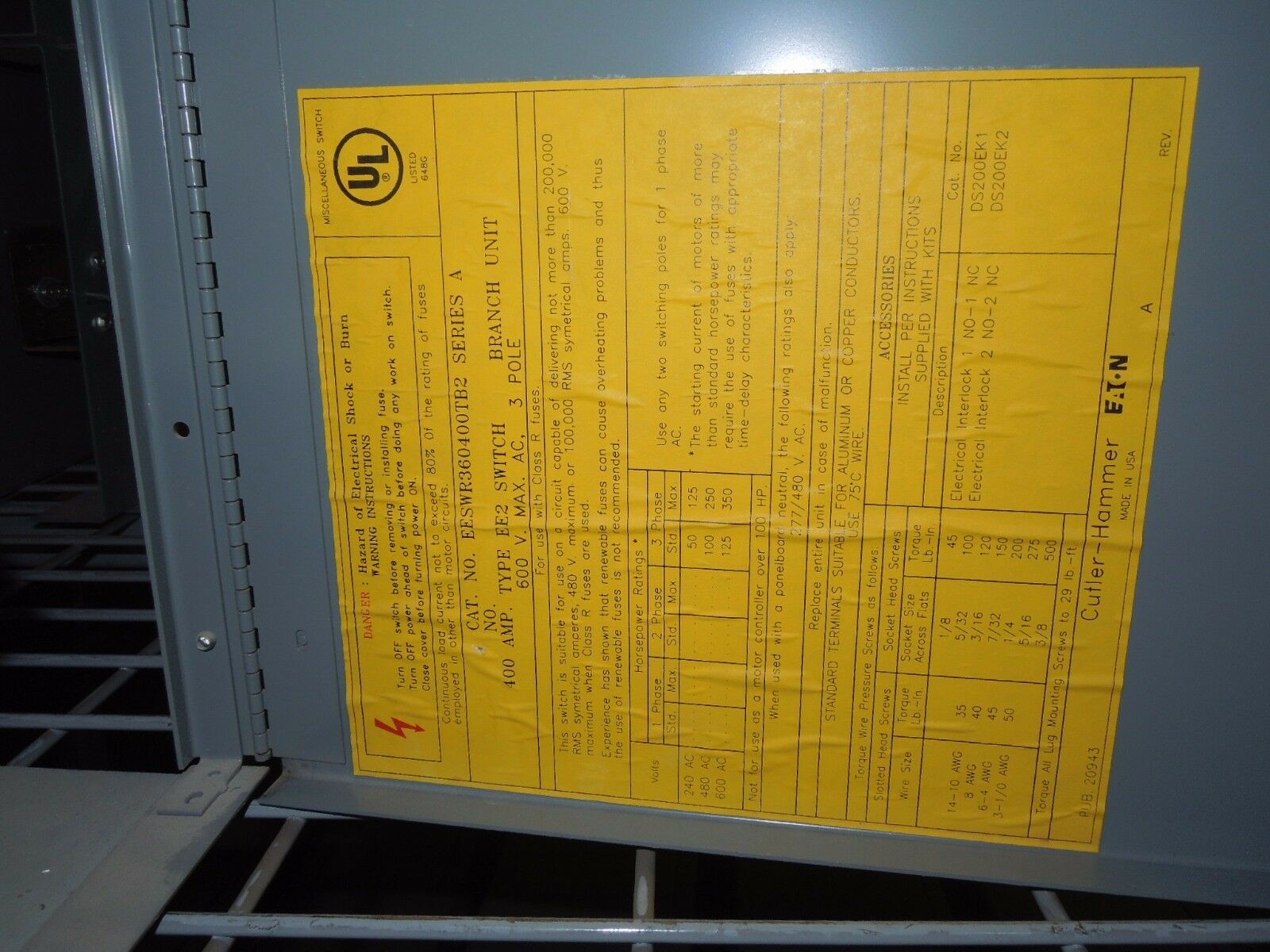 Eaton/Cutler Hammer EESWR360400TB2 400A 3PH 600V Fusible Panelboard