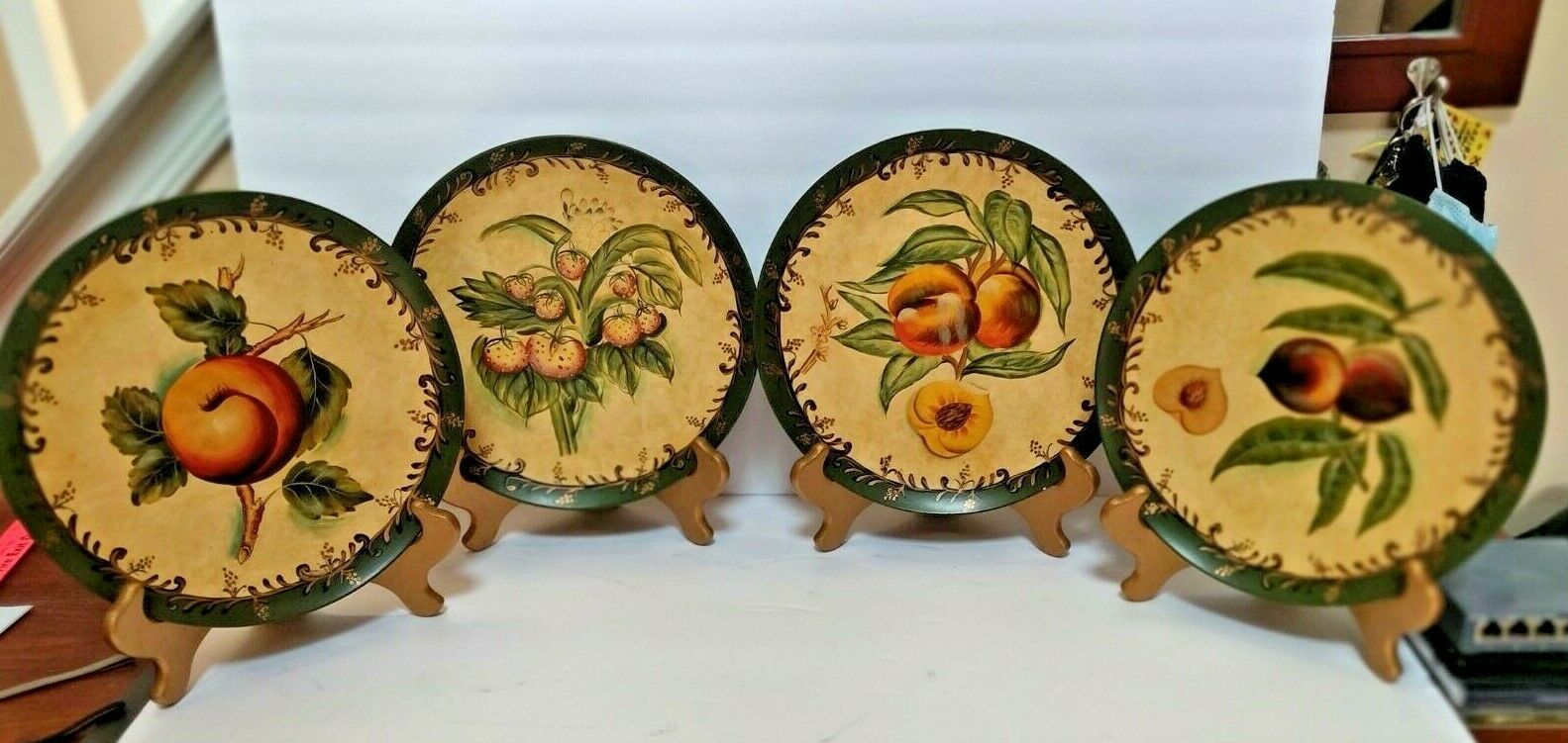 Hand Painted Fruit Display plates with Gold Accents set of 4 with gold easels - $39.60