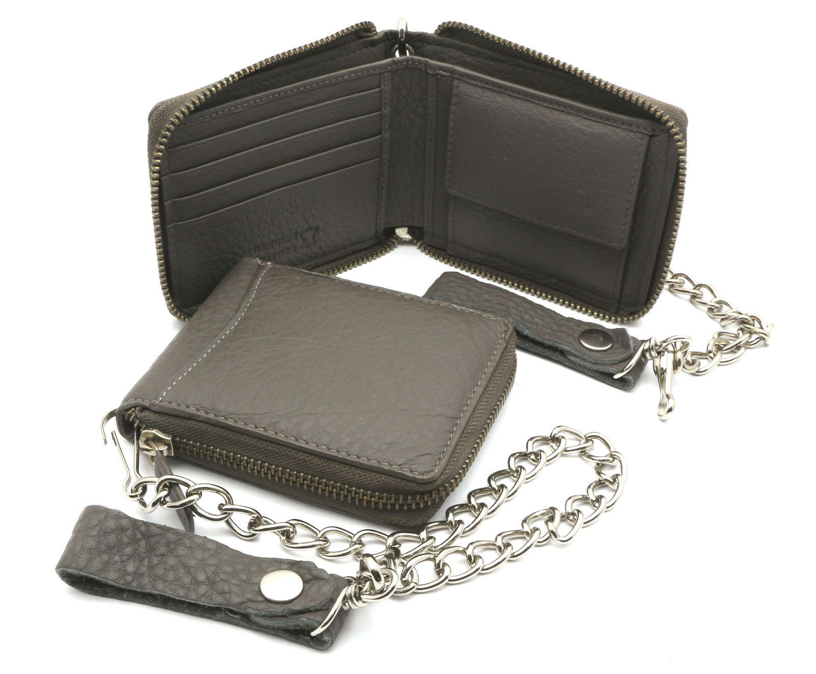 Bifold Gray Genuine Leather Scale Texture Zip-Around Wallet with a Chain - Wallets