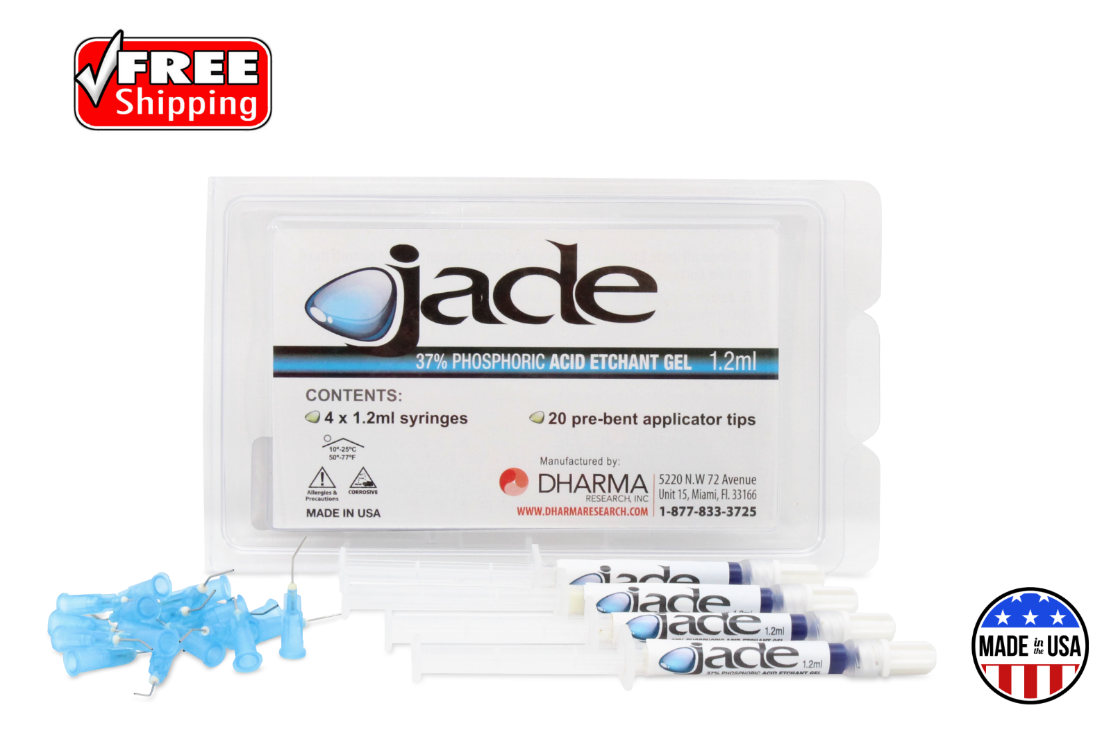 Dental BLUE Acid Etching Gel 4 x 1.2ml Syringes 37 & 20 Tips JADE Etch