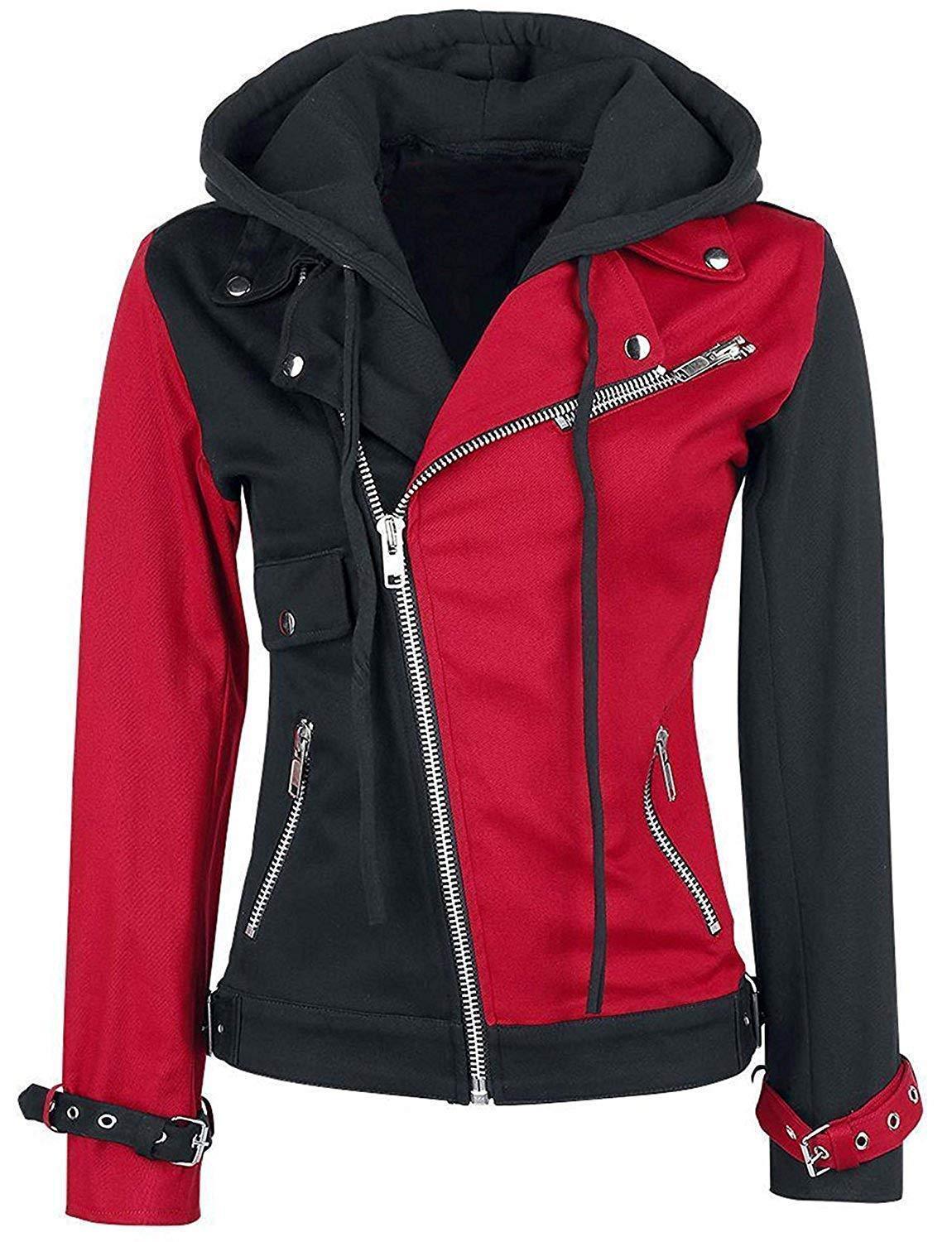 Women's Psychotic Harley Quinn Red & Black Biker Cotton Hoodie Jacket