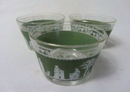 VINTAGE JEANETTE GRECIAN HELLENIC GREEN ON CLEAR GLASS BOWLS GOLD RIMS S... - $12.86