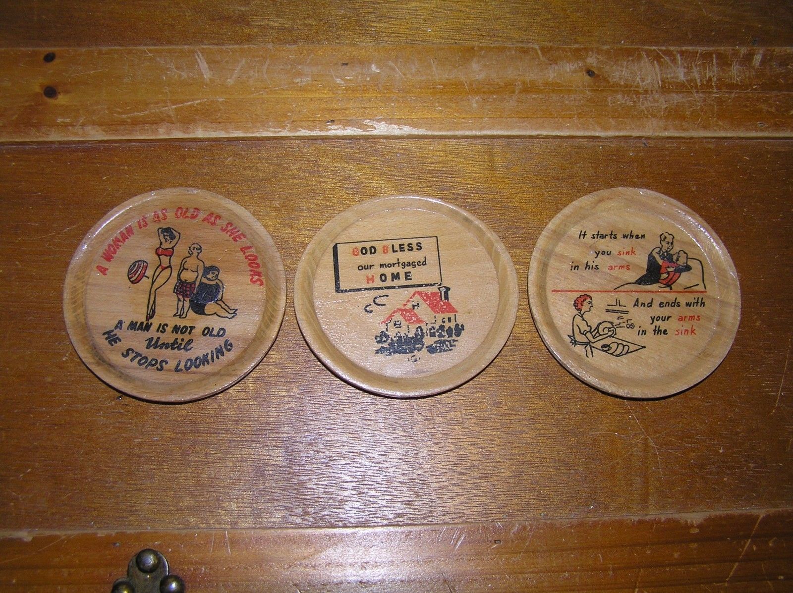 Vintage Lot of 3 Round Painted Wood Coasters with Funny Sayings – God Bless Our - $5.89