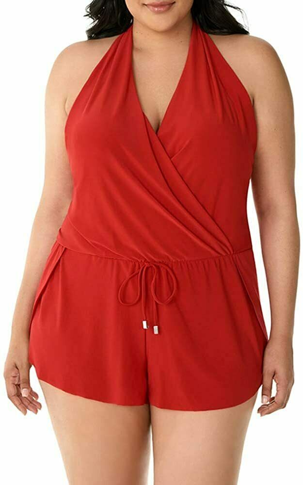 Magicsuit ROUGE RED Plus Solid Bianca V-Neck Romper One Piece Swimsuit ...