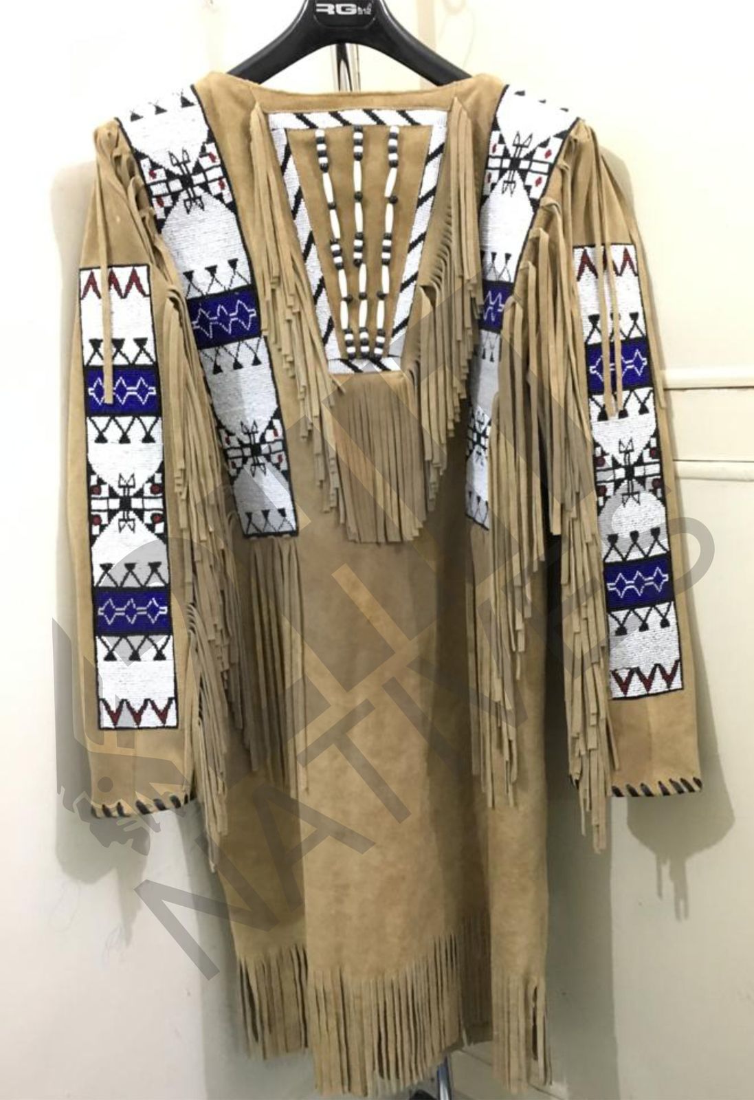 NEW MENS NATIVE AMERICAN BEIGE BUCKSKIN POWWOW REGALIA BEADED WAR SHIRT 