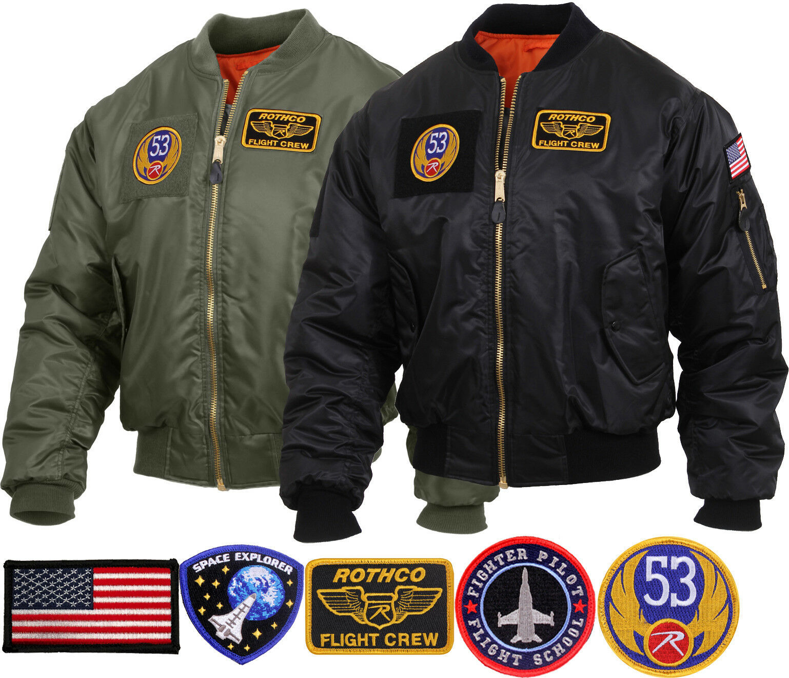 Mens Military Air Force Style MA-1 Flight Jacket with 5 Removable Patches - Coats & Jackets