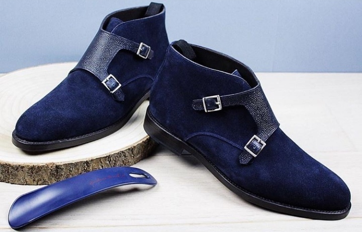 Royal Blue Superior Leather Double Buckle Straps High Ankle Monk Chukka Boots