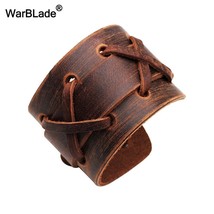 WarBLade 2018 New Fashion Black Brown Genuine Leather Wide Bracelet Bangles Cuff - $13.62